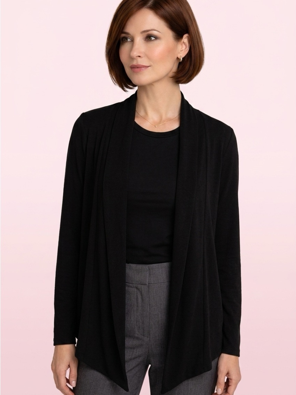 Sympli Black Open-Front Draped Classic Chic Luxury Y2K Cardigan-10